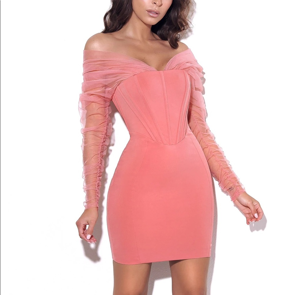 Zofia Salmon Off Shoulder Mesh Sleeve Corset Dress